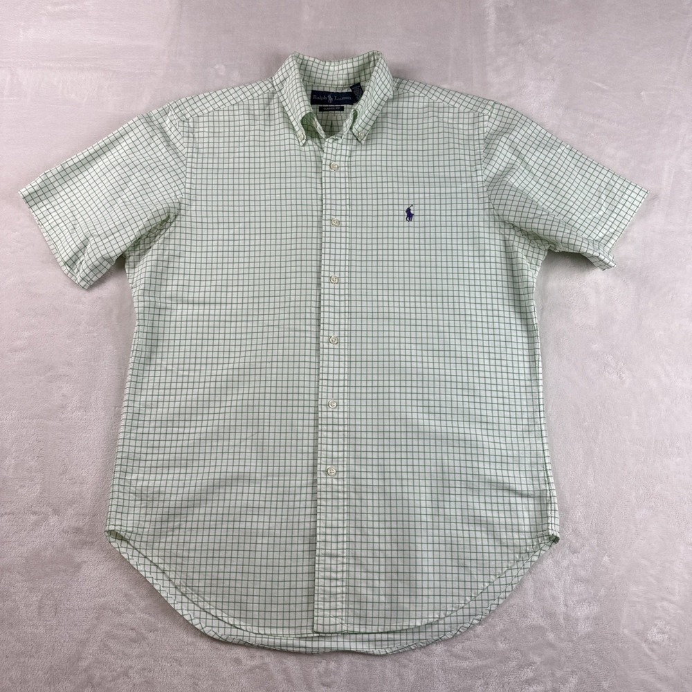 Ralph Lauren Classic Fit Button Shirt M Green White Check Short Sleeve Cotton - Picture 2 of 8